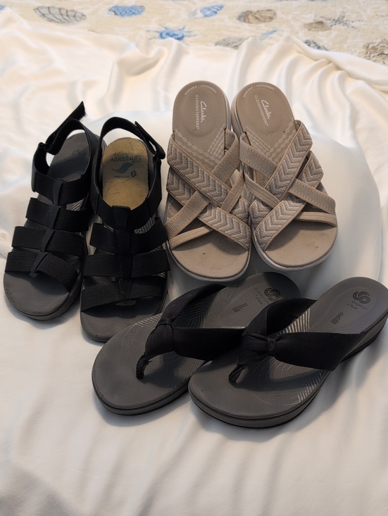 Clarks Shoes - 3 pair - 1 Clarks Beige Woven Crisscross Slide Sandals & 2 Black Casual Sandals